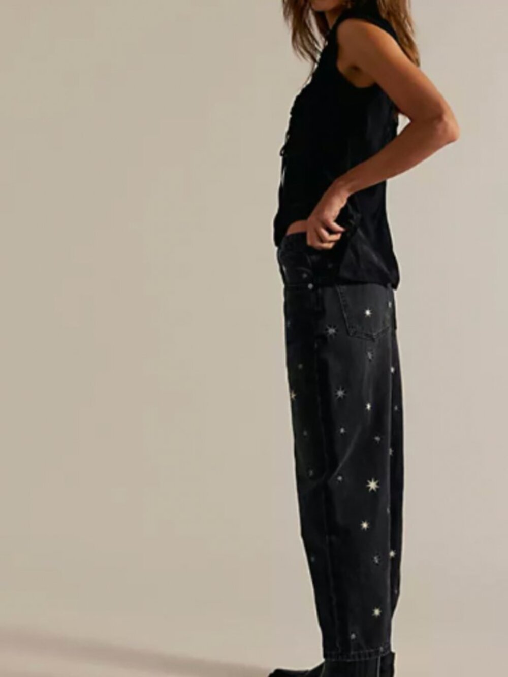 Free People Black Star Embroidered Wide-Leg Jeans